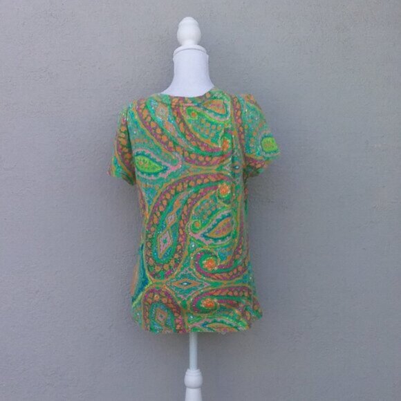 Vintage Lauren by Ralph Lauren Women's Green Paisley Tee Preppy Size L Cotton - Picture 3 of 5